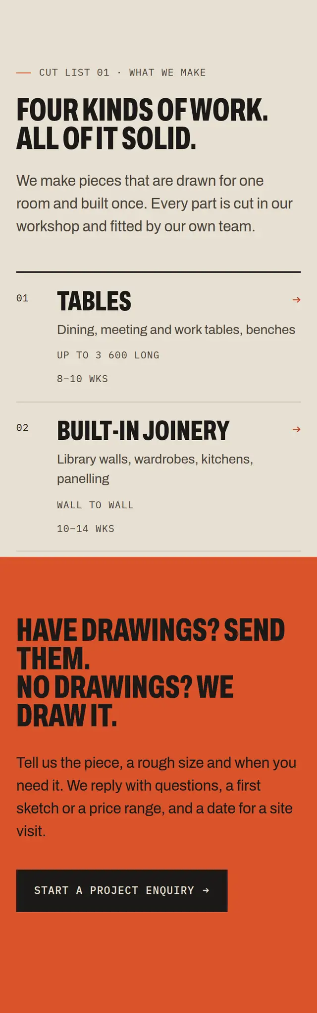 The Lintel & Kerf website on a phone: the cut list of its four kinds of work, then the “Have drawings?” band.