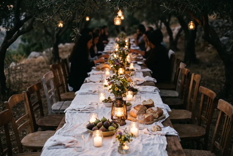 A long dinner table under olive trees at dusk, lit by candles in glass, guests seated along both sides, the valley behind.