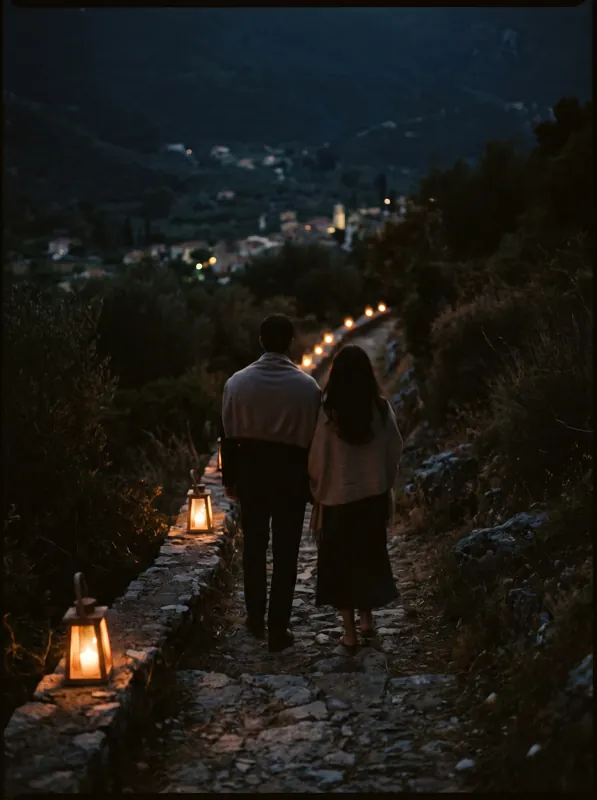 A couple walking away down a lantern-lit stone path late at night, seen from far behind.