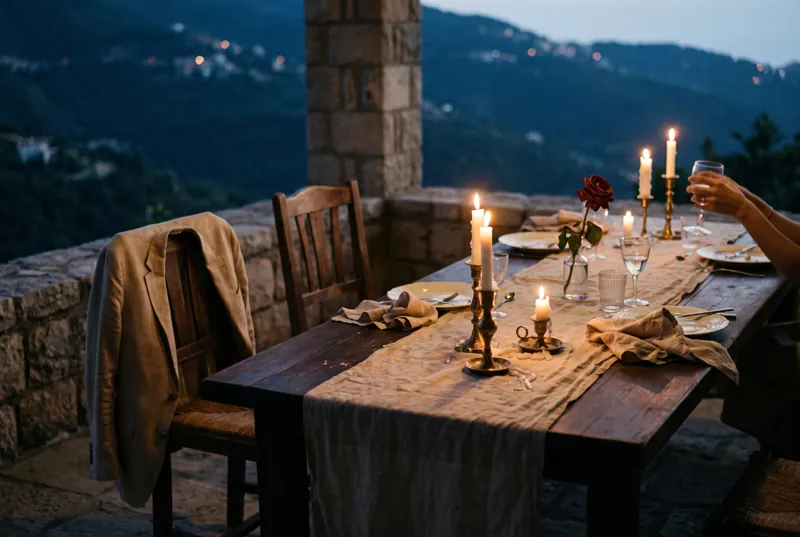 The long table after midnight, candles burned low, a linen jacket left over a chair.