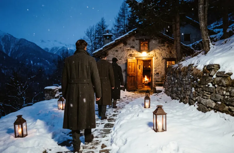 Guests in long wool coats walking up a snowy path towards the glowing door of a stone house.