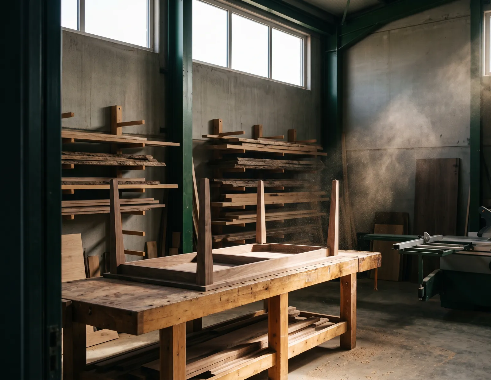The Lintel and Kerf workshop: a walnut table frame dry-assembled on the long bench, timber racks behind, light through high windows.