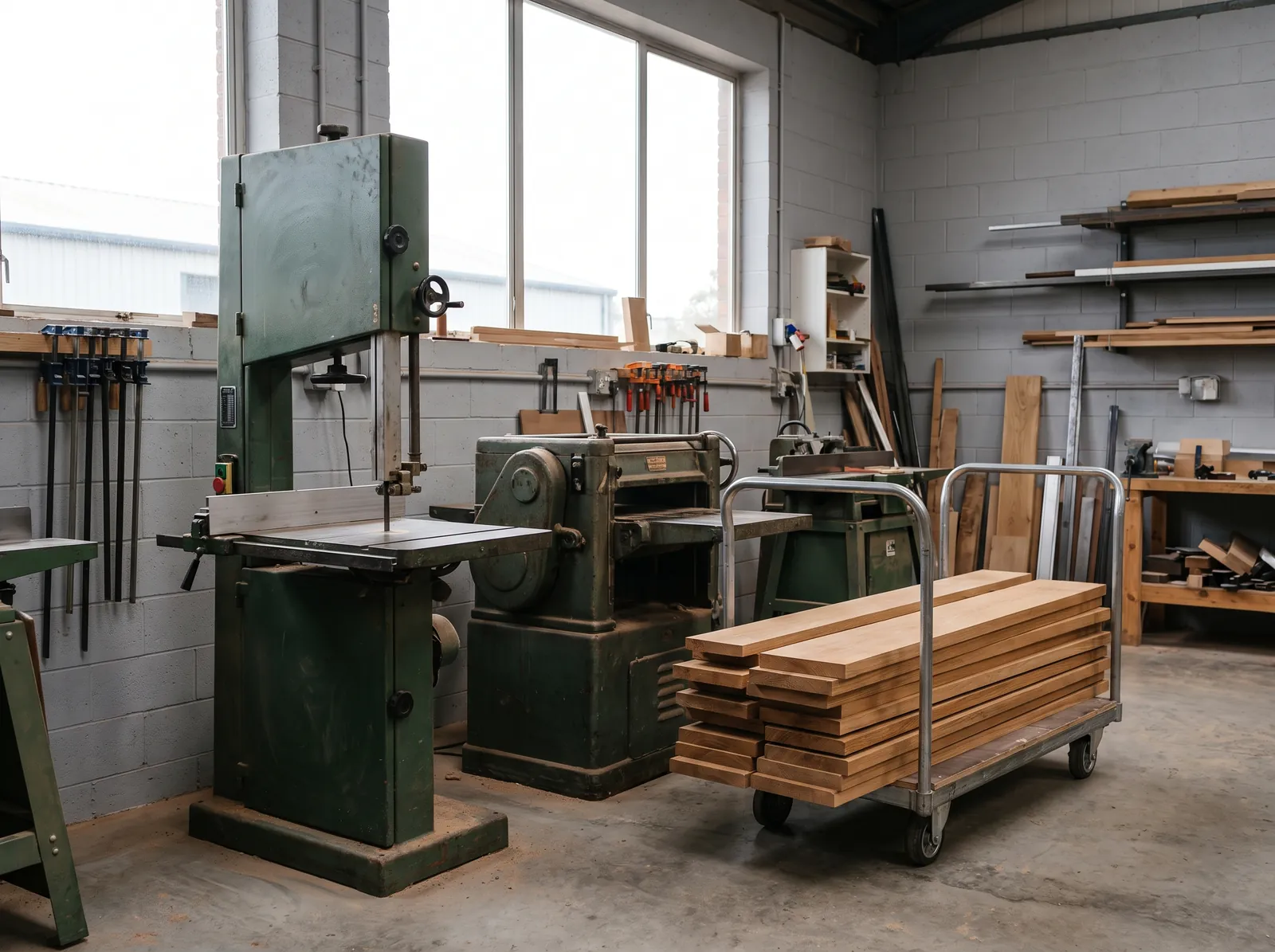 A bandsaw and planer in the workshop corner, a trolley of planed oak boards beside them.