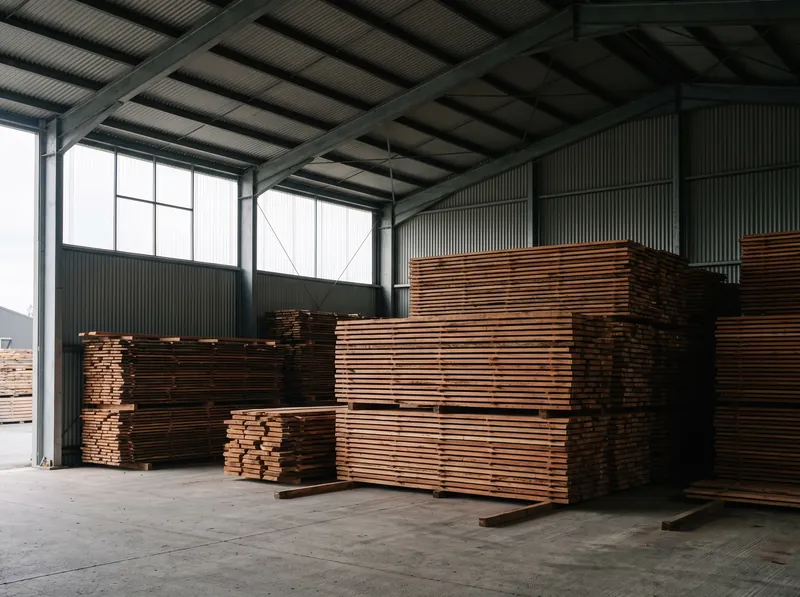 Stacks of timber air-drying under a steel roof in the yard.